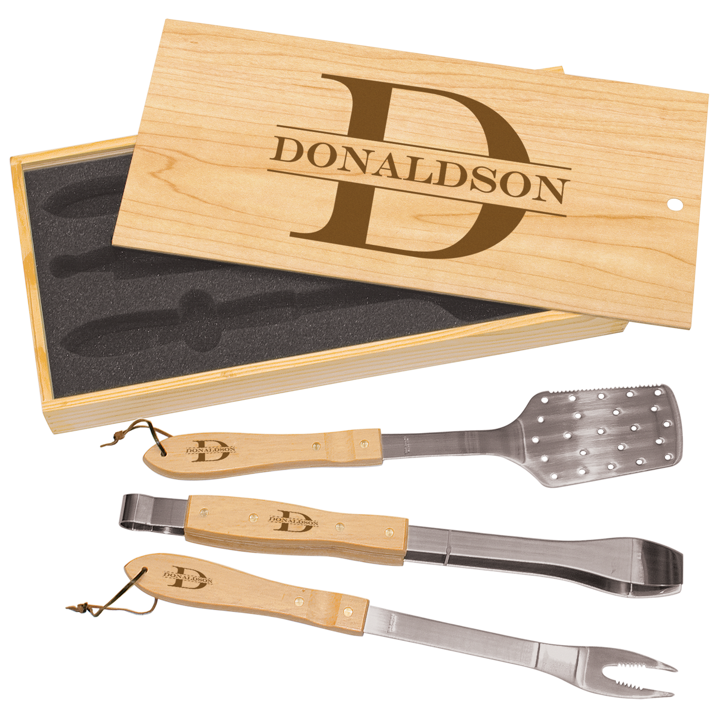 Personalized Three piece BBQ set in Pine Box