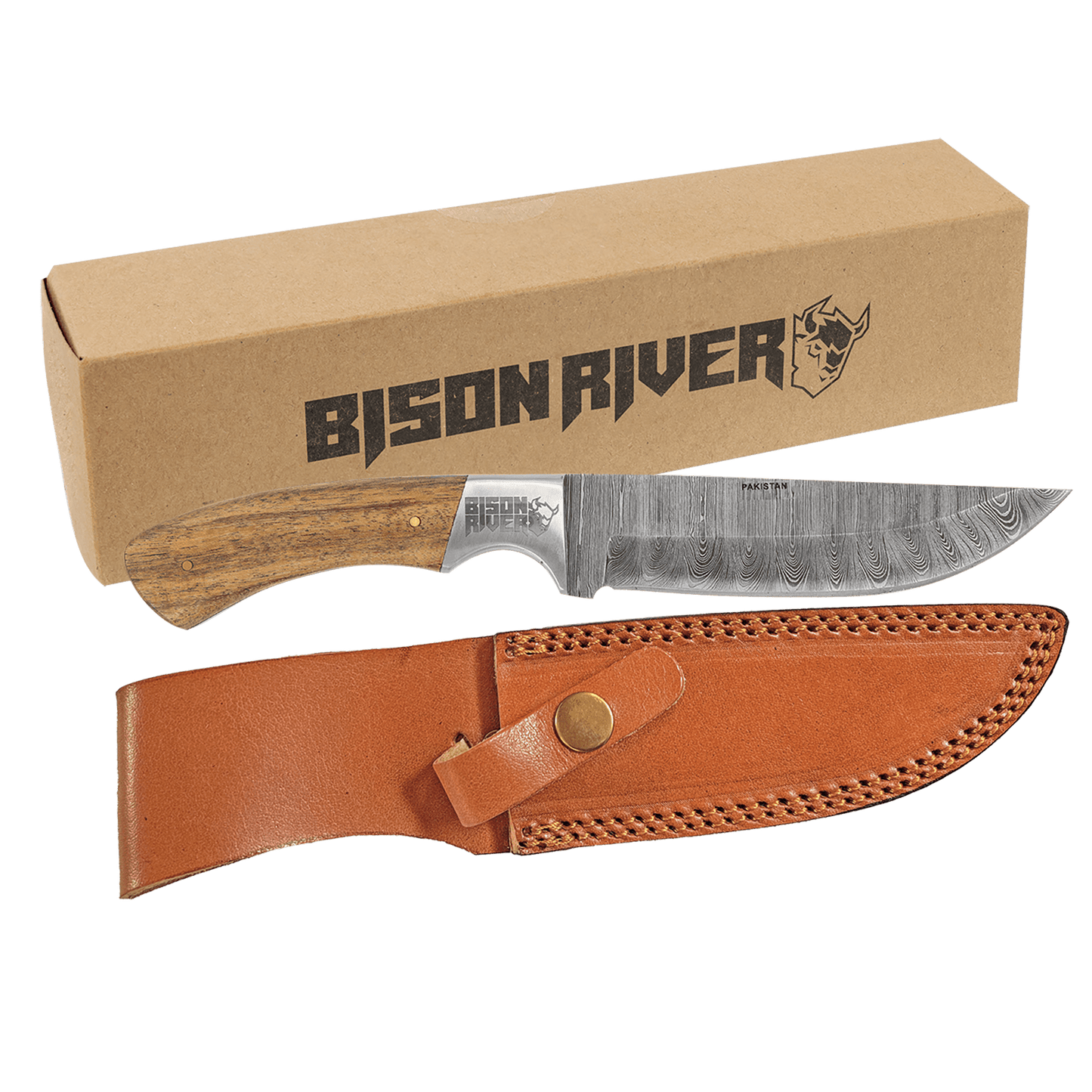 Personalized Fixed Blade Wood Handle Knife with Damascus Steel Blade and Leather Sheath - Leather