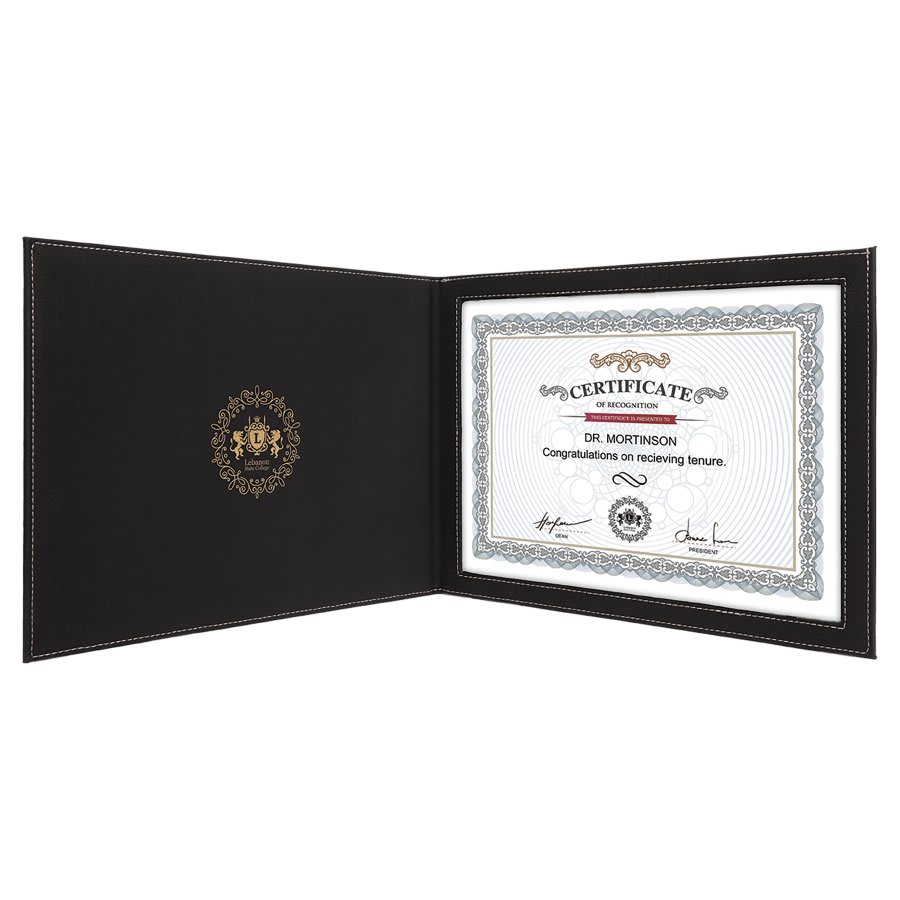 Personalized Black/Gold Leatherette Certificate Holders - Leatherette