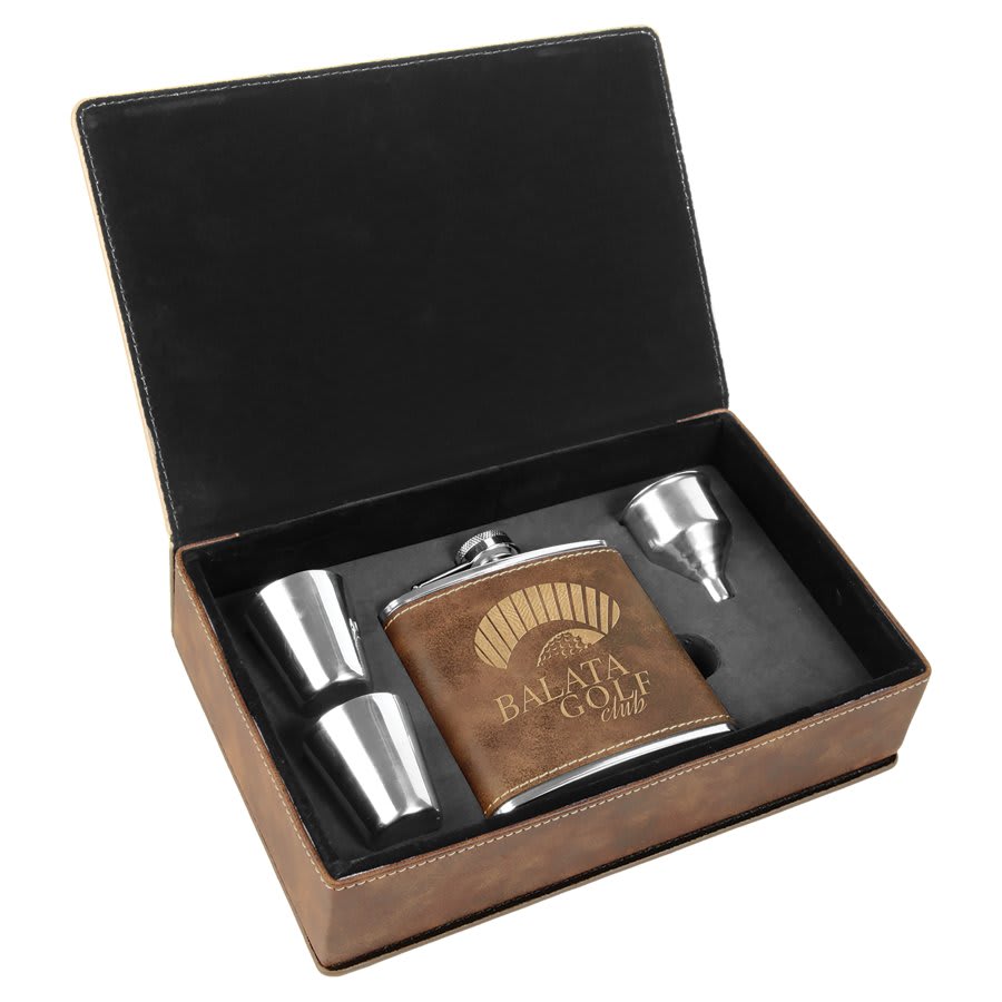 Custom Rustic/Gold Leatherette Flask Set - Leatherette