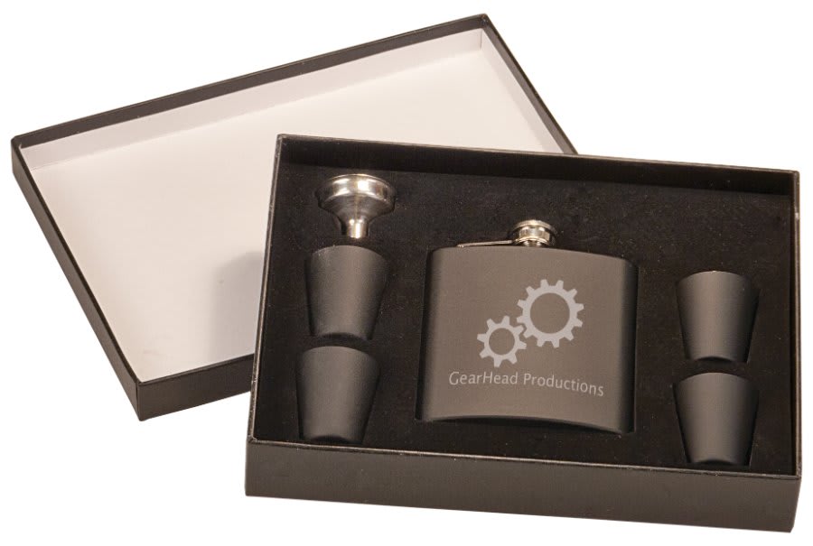 Custom 6 oz. Matte Black Stainless Steel Flask Set with Presentation Box