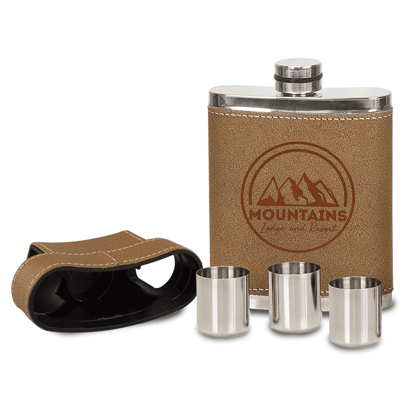 7 oz. Leather Wrapped Stainless Steel Flask Kit (3 Shot Custom Engraved Glasses Stored in Lid) - Leatherette