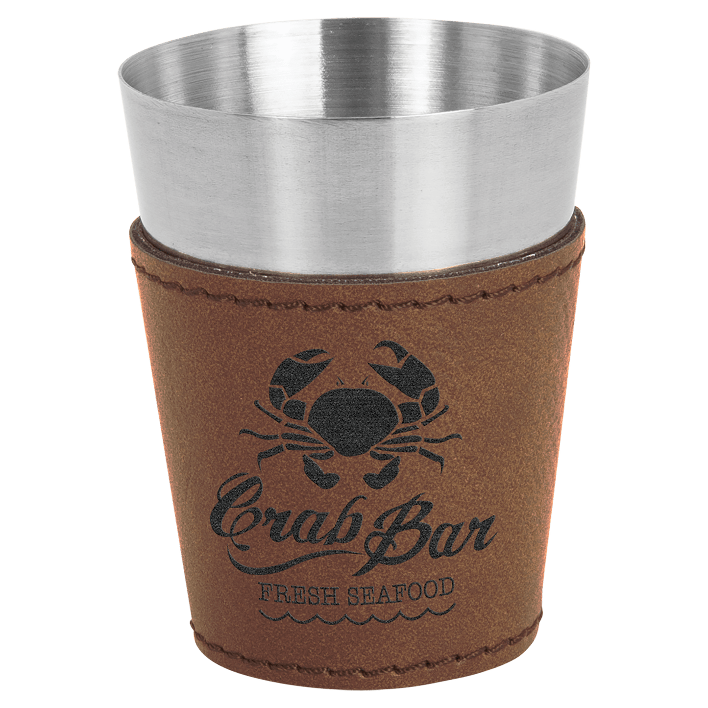 Dark Brown Leatherette Wrapped Stainless Steel Shot Custom Engraved Glass - Leatherette