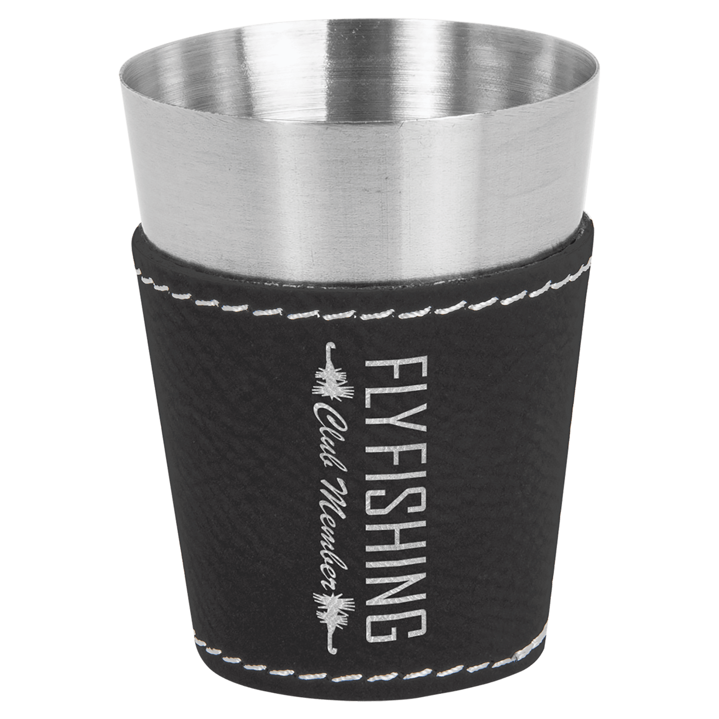 Black/Silver Leatherette Wrapped Stainless Steel Shot Custom Engraved Glass - Leatherette