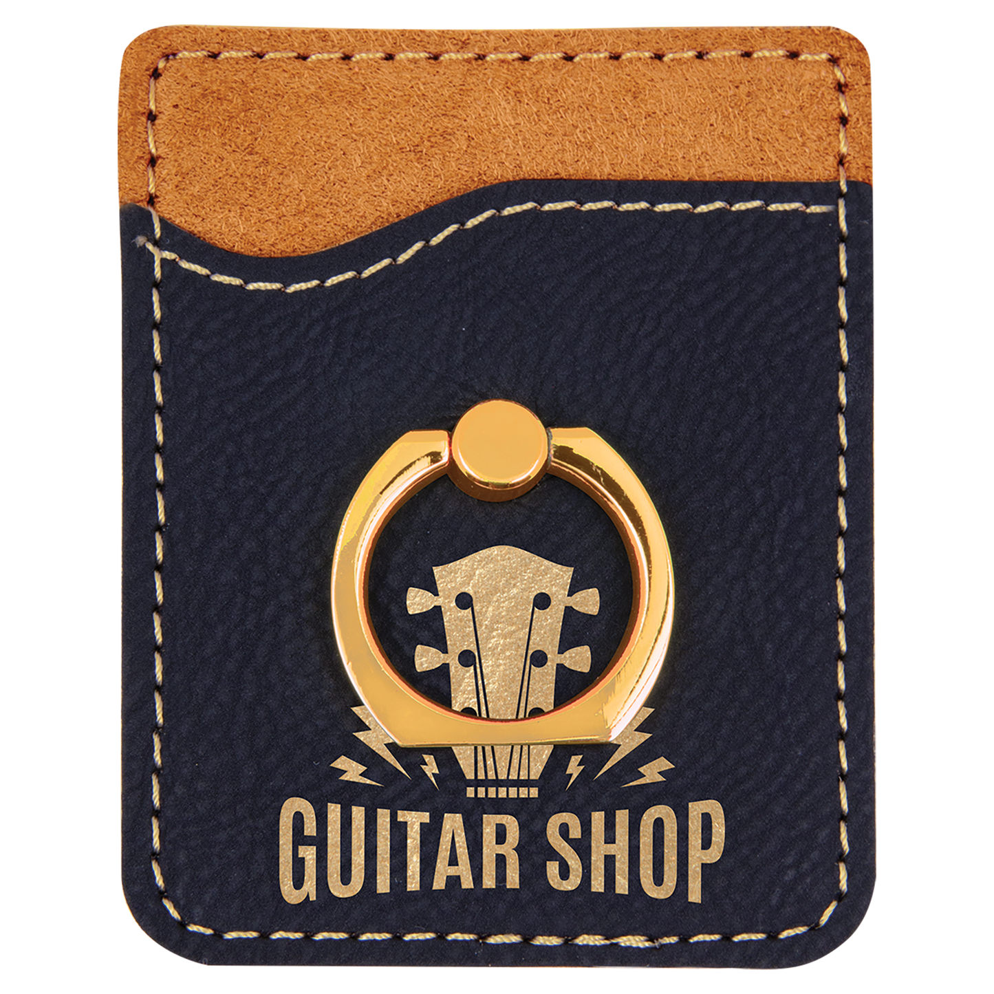 Personalized Black/Gold Leatherette Phone Wallet with Gold Ring - Leatherette