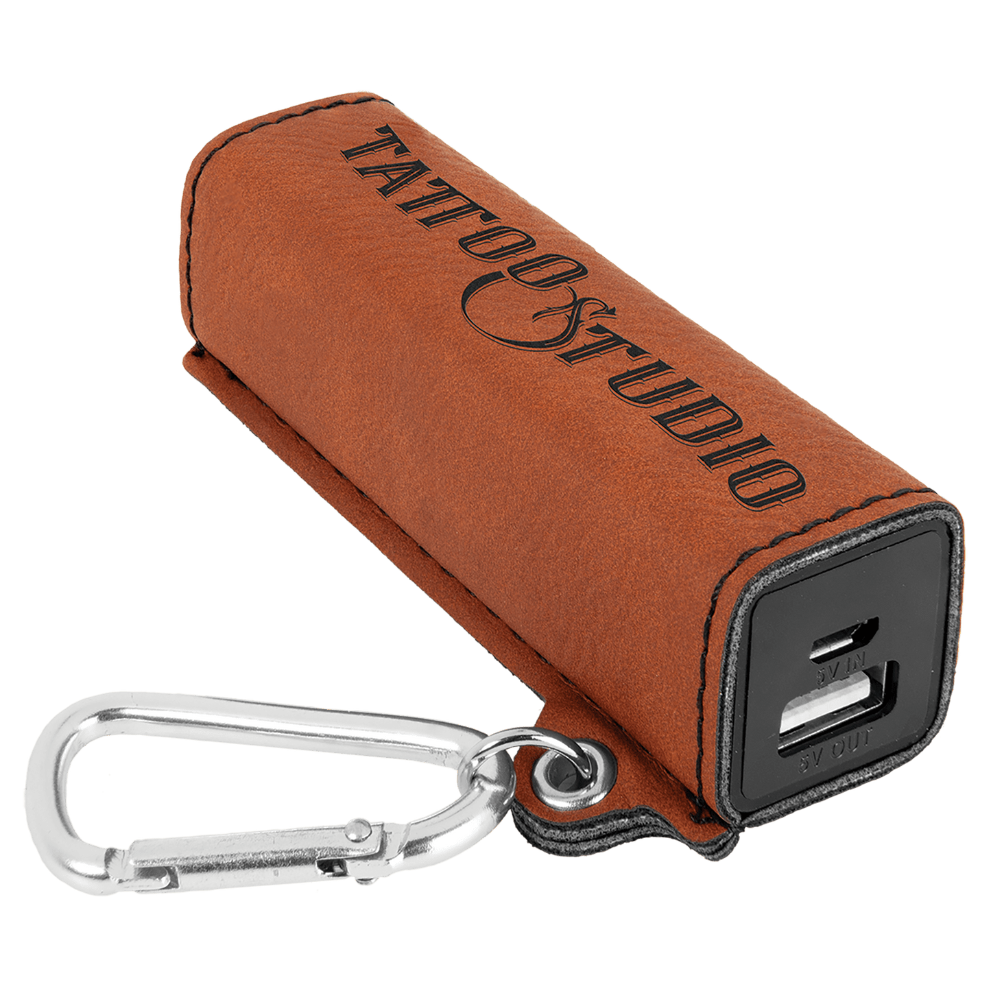 Personalized Rawhide Leatherette Power Bank with Charging Cord and Carabiner - Leatherette