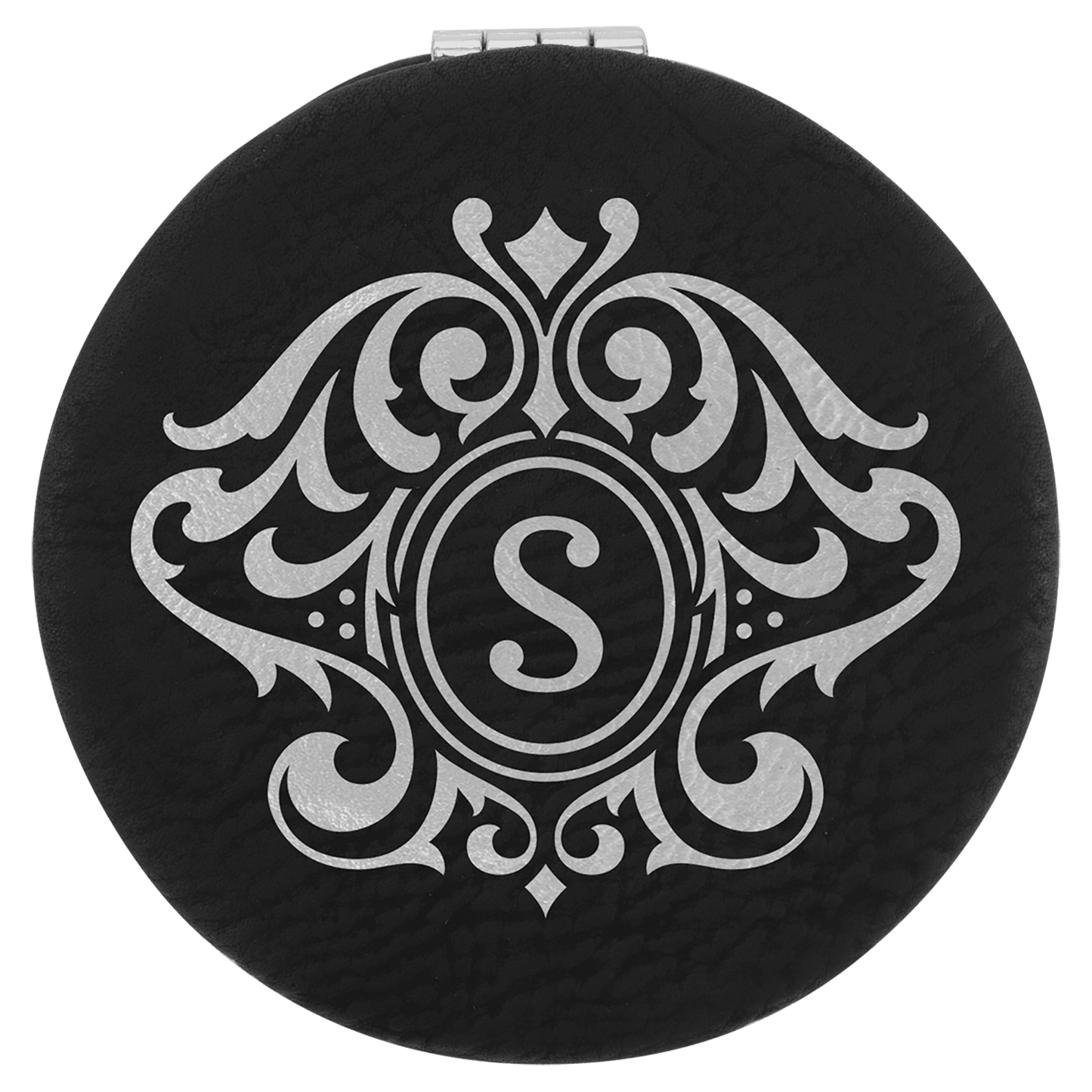 Personalized Black/Silver Leatherette Compact Mirror - Leatherette
