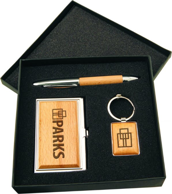 Metal/Wood Gift Set with Business Card Case, Pen, and Personalized Keychain - Wood