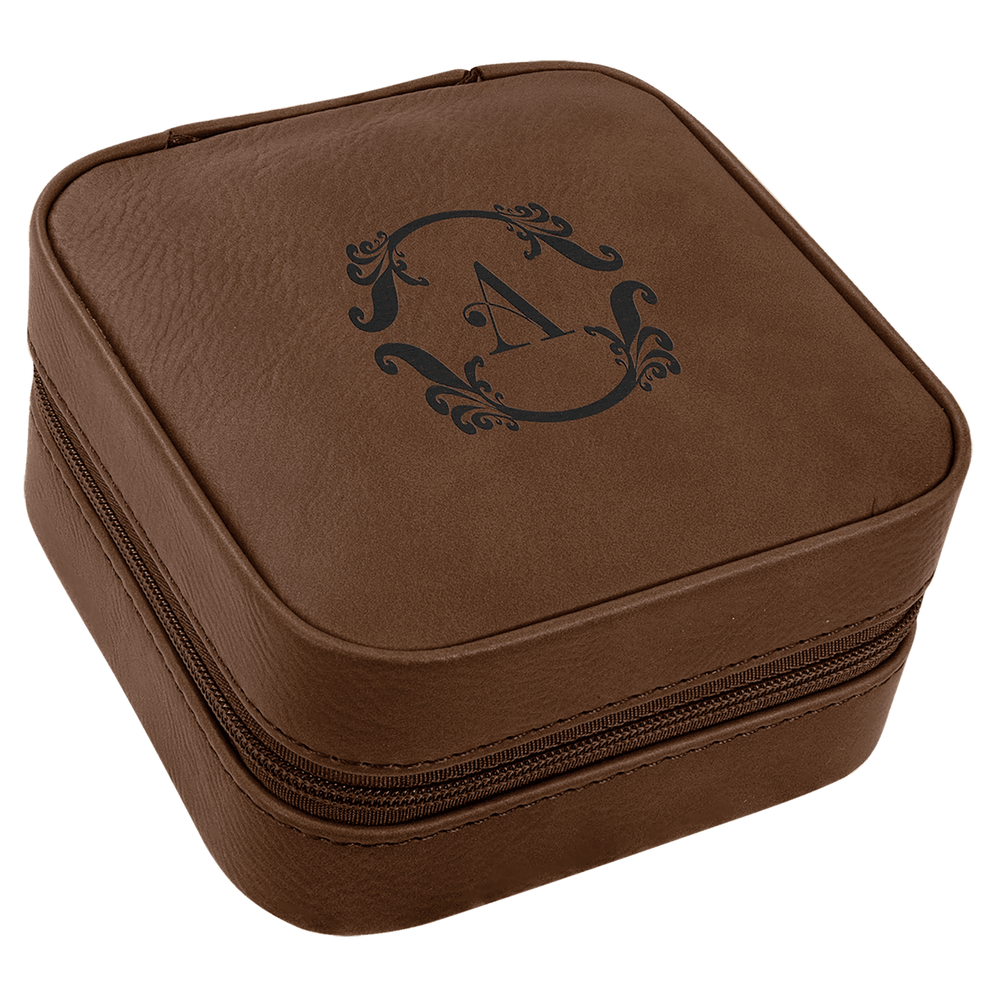 Personalized Dark Brown Leatherette Travel Jewelry Box with Black Lining