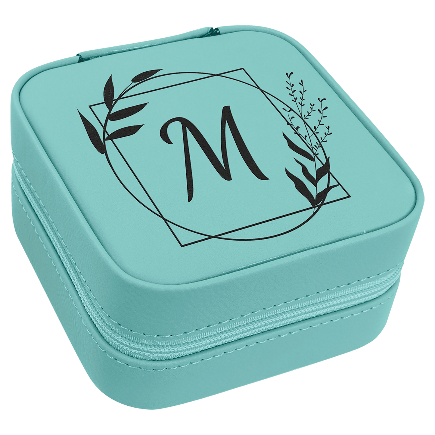 Personalized Teal Leatherette Travel Jewelry Box with Black Lining