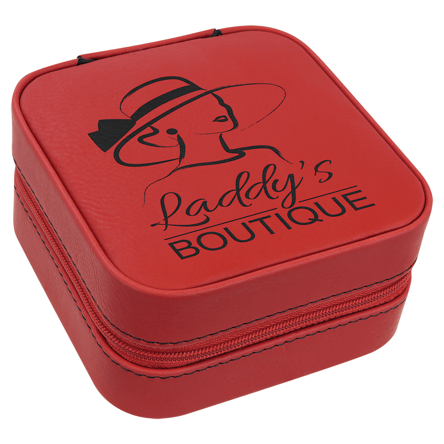Personalized Red Leatherette Travel Jewelry Box with Black Lining