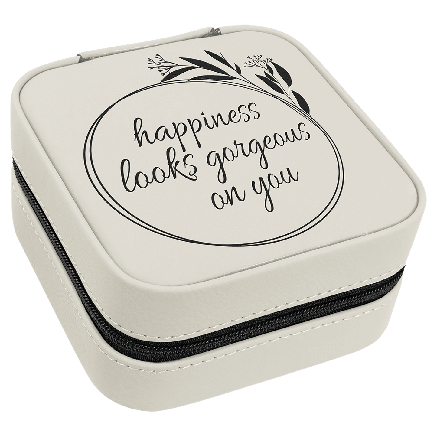Personalized White Leatherette Travel Jewelry Box with Black Lining