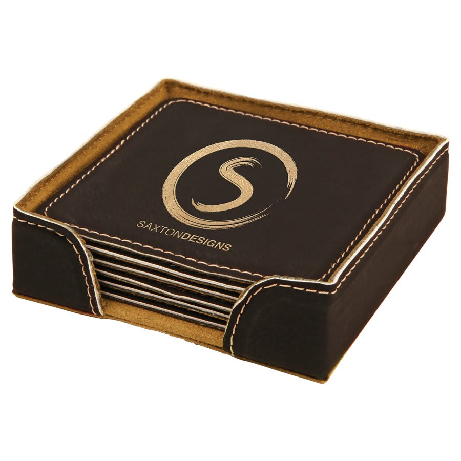 Custom Black/Gold Square Leatherette 6-Coaster Set - Leatherette