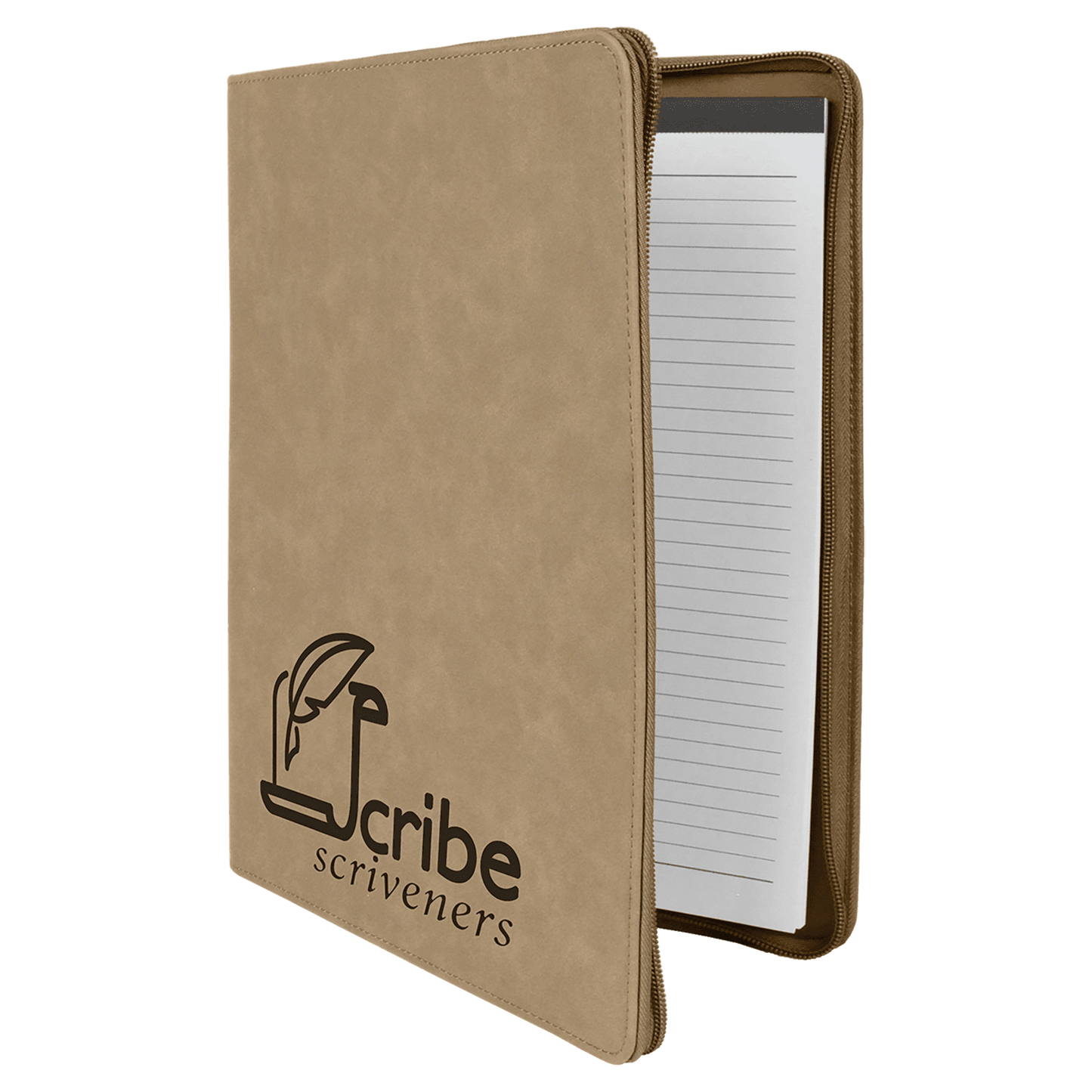 Personalized Light Brown Leatherette Portfolio with Zipper and Notepad - Leatherette