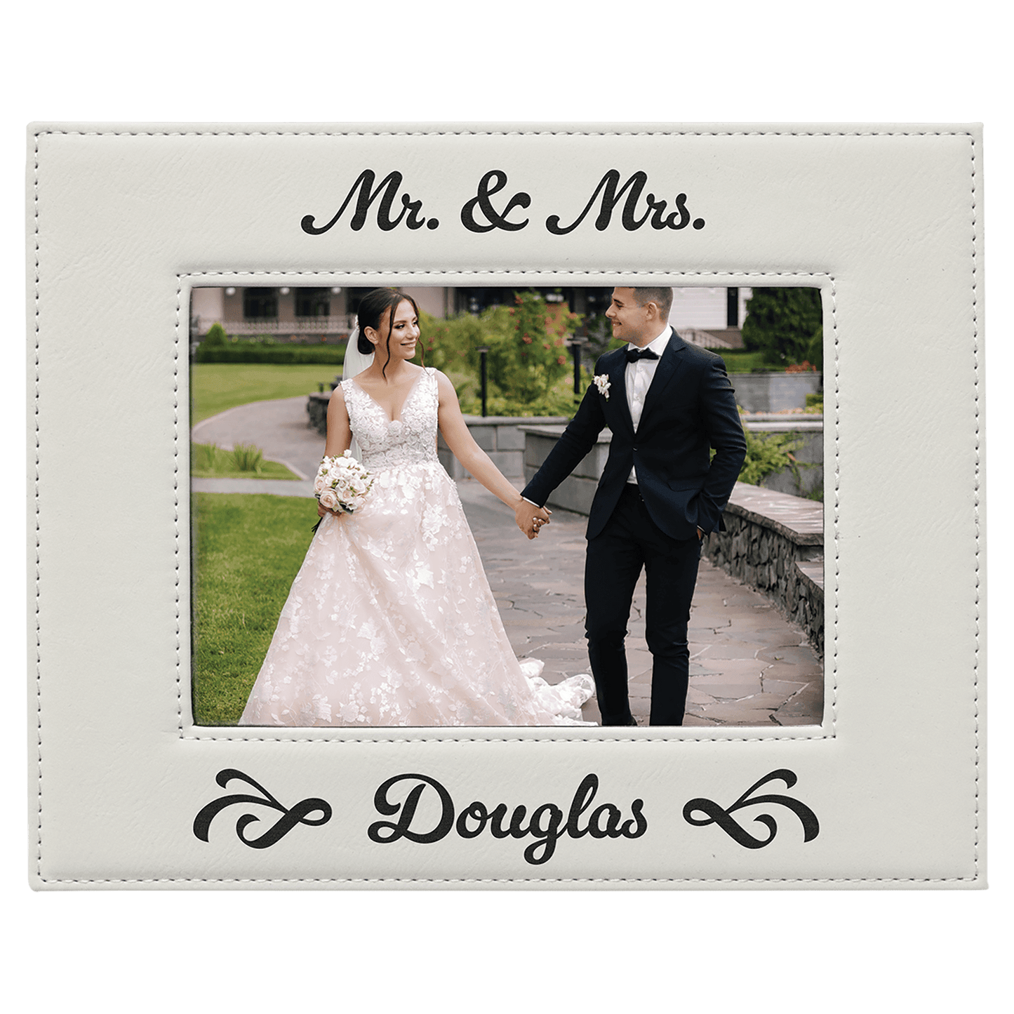 White Leatherette Photo Personalized Photo Frame - Leatherette