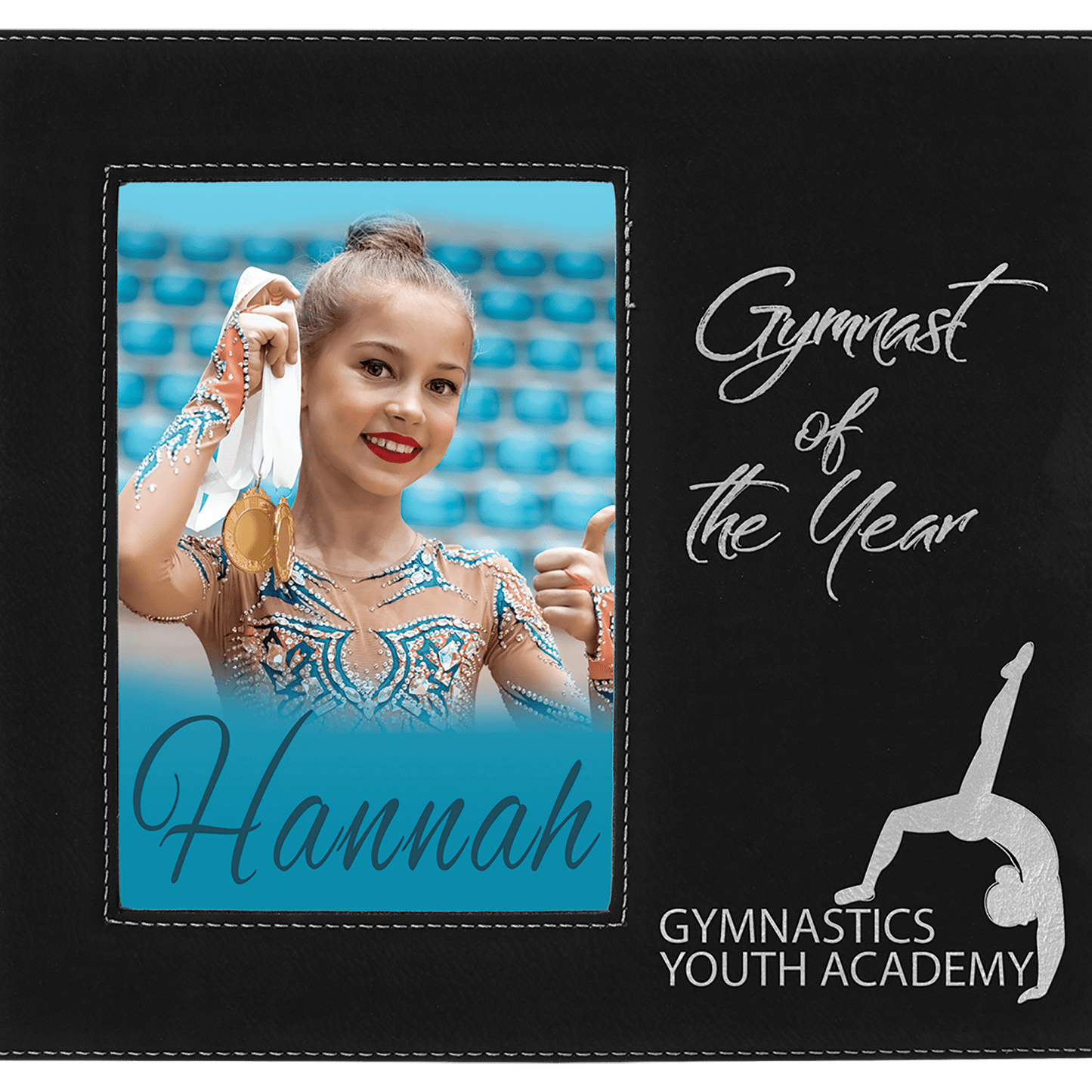 Black/Silver Leatherette Photo Personalized Photo Frame with Large Engraving Area - Leatherette