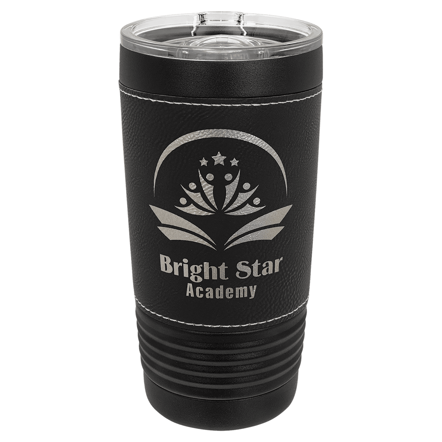 Custom Black with Black/Silver Leatherette Wrapped 20 oz. Polar Camel with Slider Lid