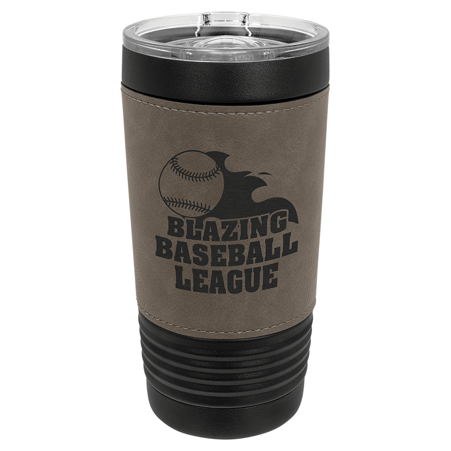 Custom Black with Gray Leatherette Wrapped 20 oz. Polar Camel with Slider Lid