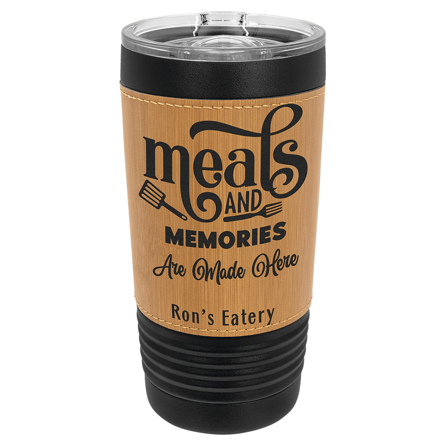Custom Black with Bamboo Leatherette Wrapped 20 oz. Polar Camel with Slider Lid
