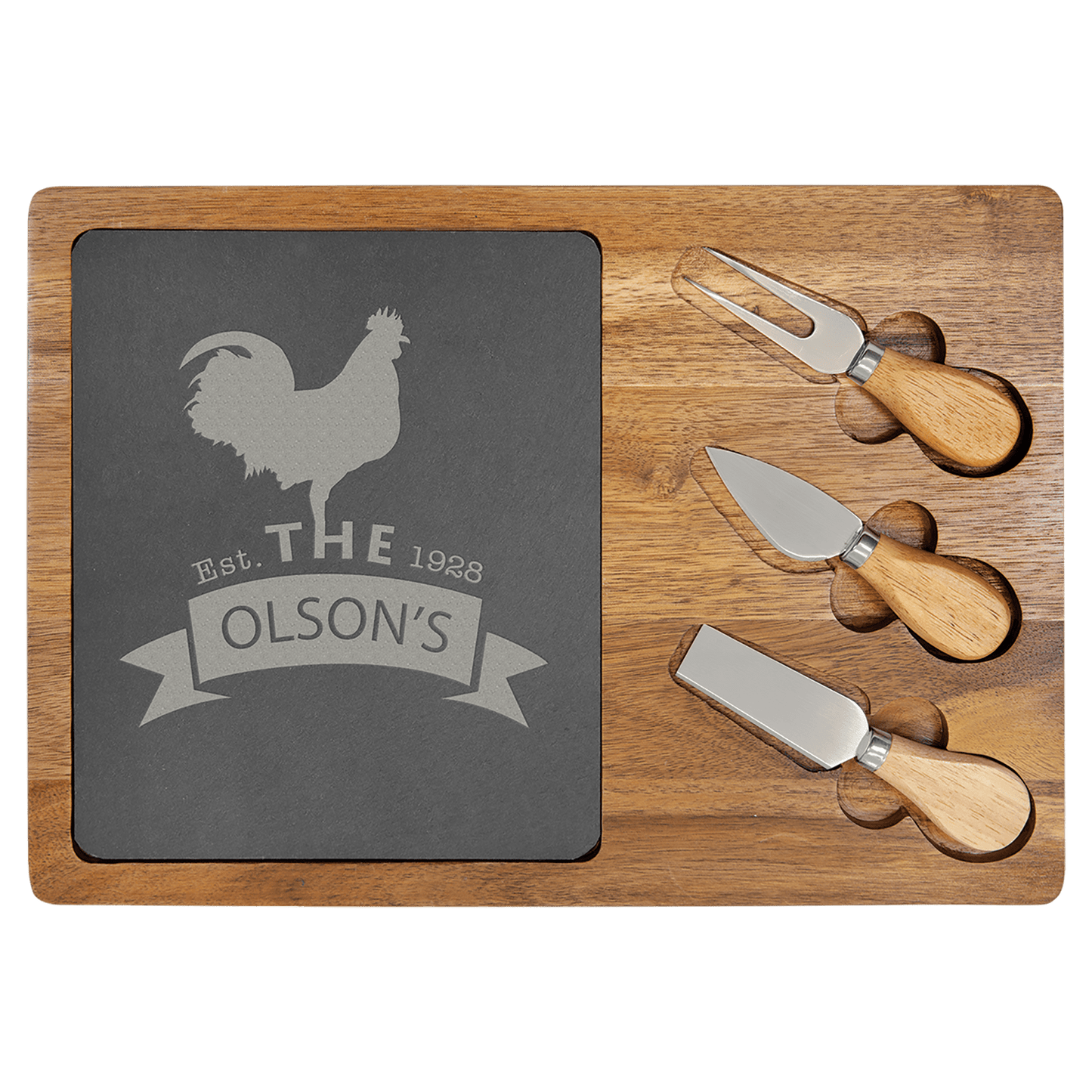 Custom Acacia Wood with Slate Serving Board Includes Cheese Tools
