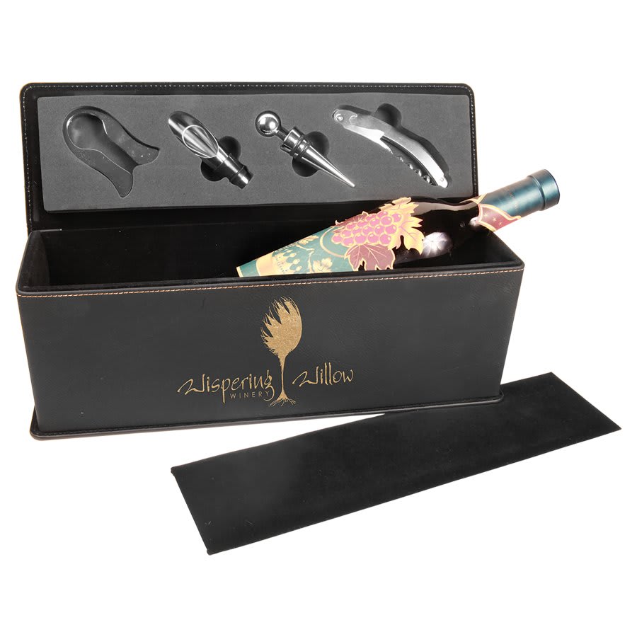 Custom Black/Gold Leatherette Wine Box with Tools - Leatherette