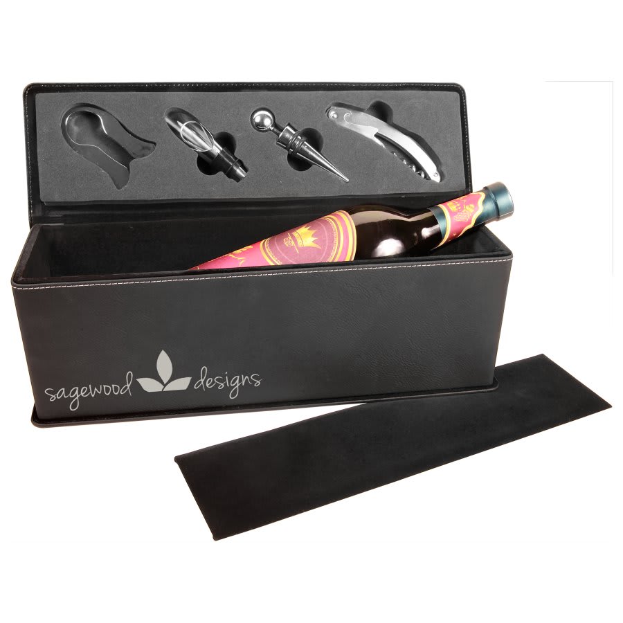 Custom Black/Silver Leatherette Wine Box with Tools - Leatherette