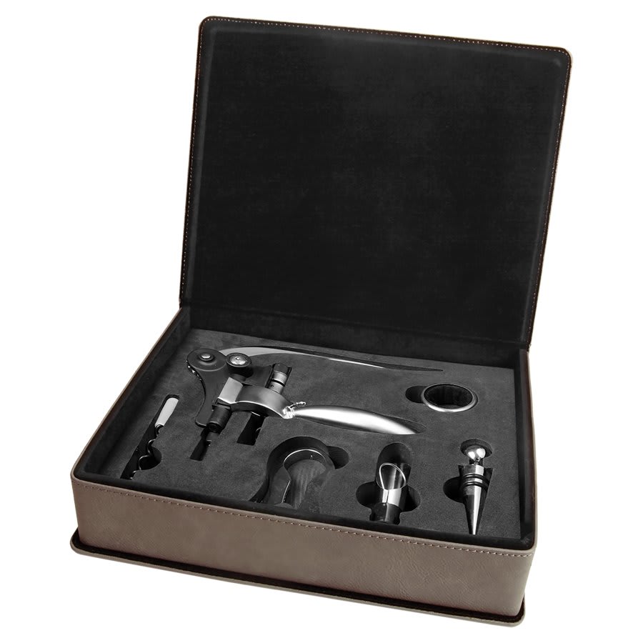 Custom Gray Leatherette 5-Piece Wine Tool Set - Leatherette