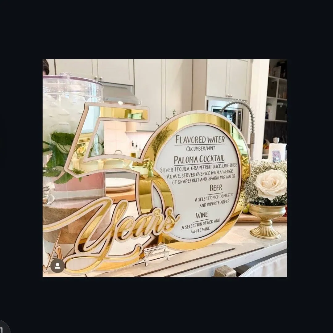 50 Years anniversary gold acrylic drink menu event sign — custom laser engraving