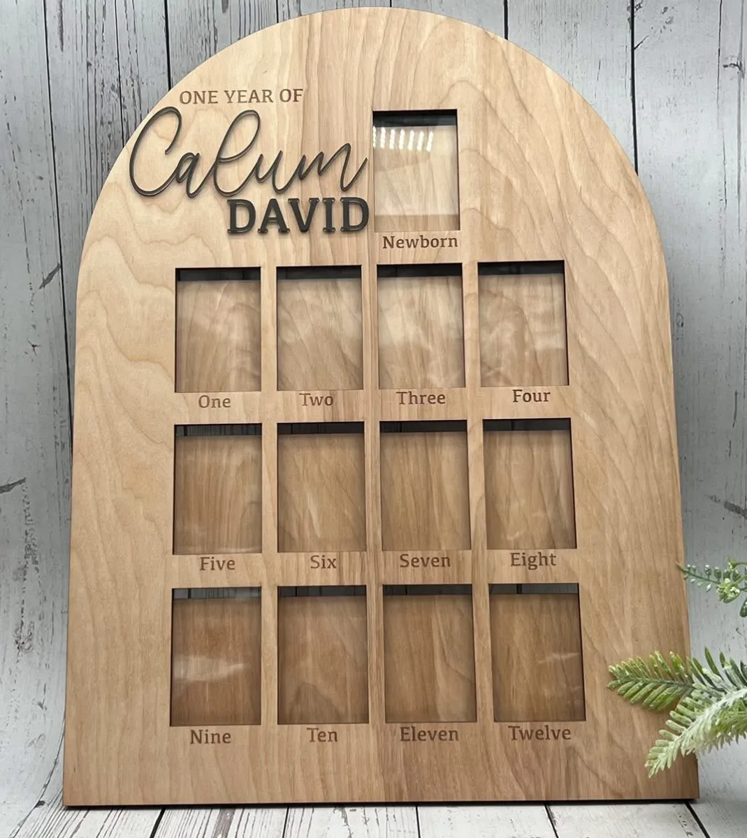 Baby first year personalized photo frame — laser cut wood, custom name and month labels