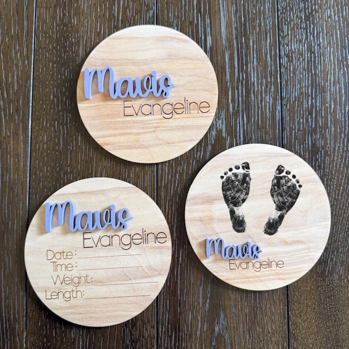 Baby name announcement milestone sign — personalized laser engraved wood keepsake, custom name Mavis, Southwest Florida