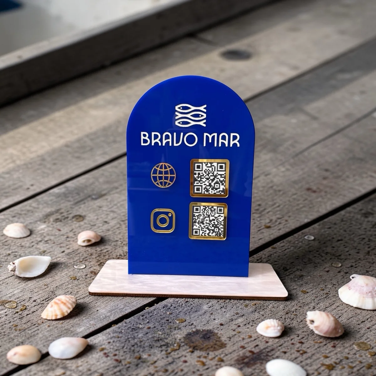 Custom blue acrylic QR code table sign — laser engraved business display sign by Palm Coast Customs, Estero Florida