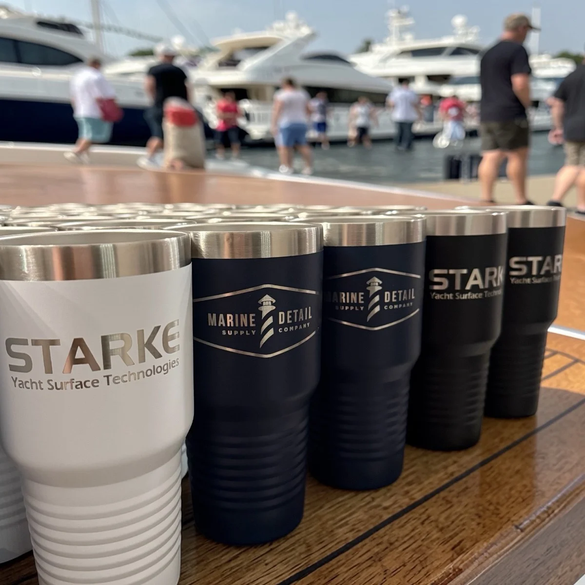 Custom branded marine and yacht tumblers — laser engraved logo drinkware, bulk corporate order by Palm Coast Customs, Estero Florida