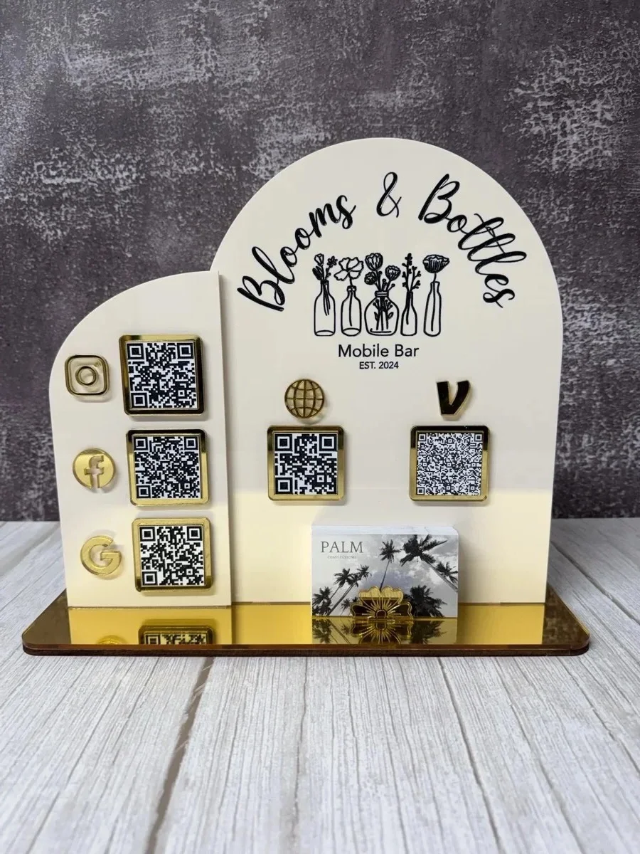 Custom acrylic QR code business display sign — laser engraved social media and payment stand, Southwest Florida