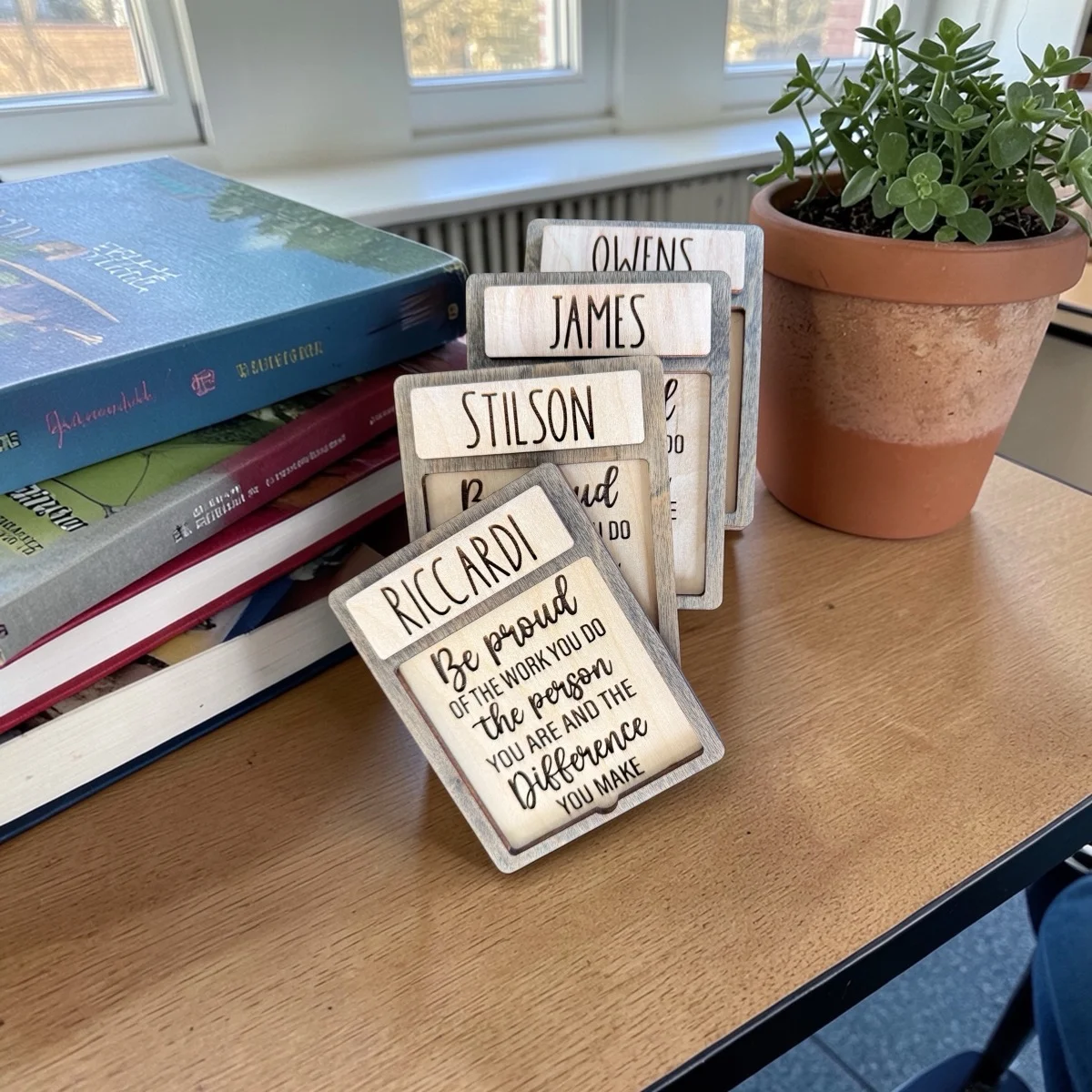 Custom laser engraved wood name tags — bulk corporate order, personalized employee badges by Palm Coast Customs