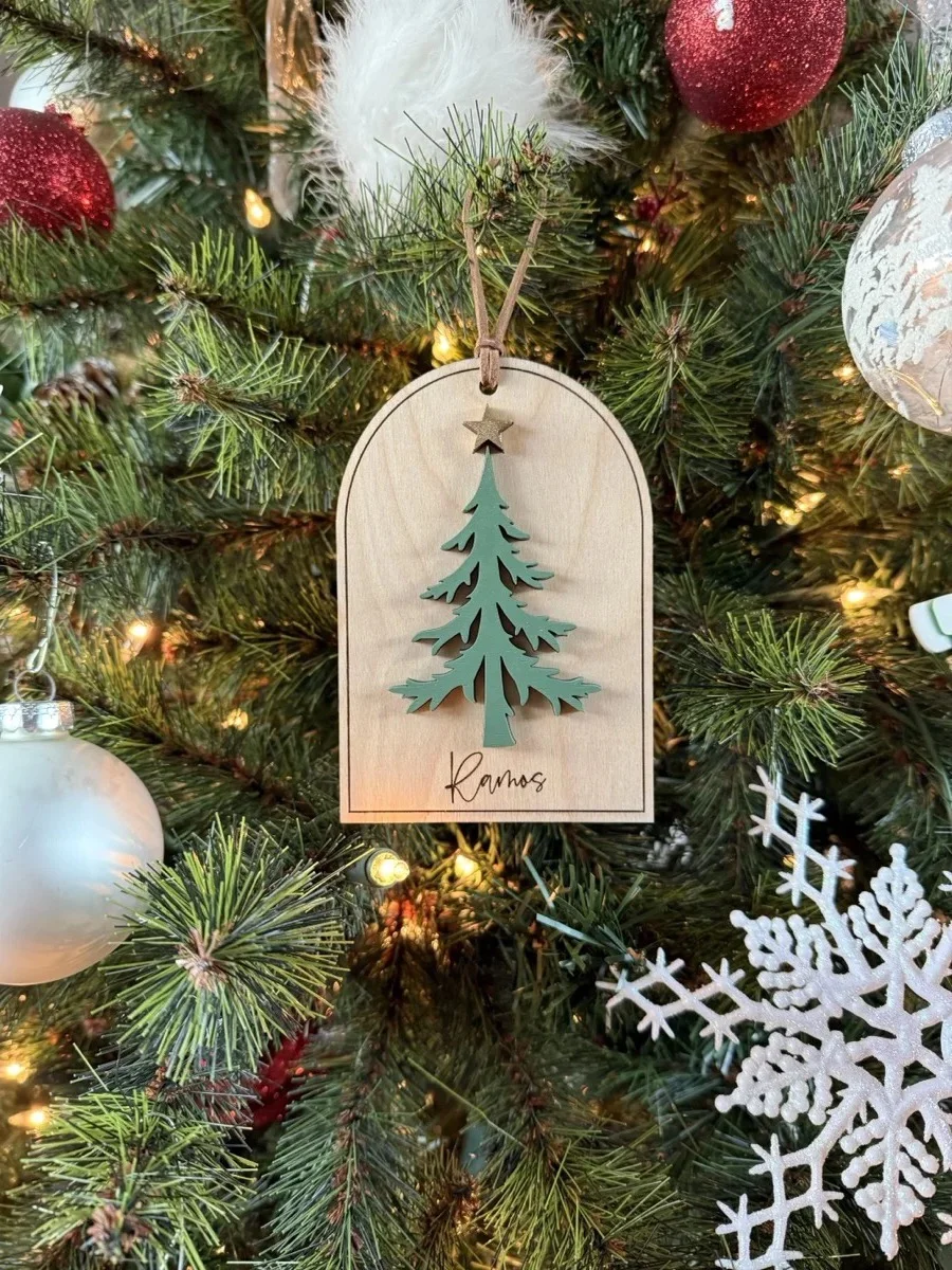 Custom layered wood Christmas tree ornament — laser cut personalized holiday keepsake gift, Southwest Florida