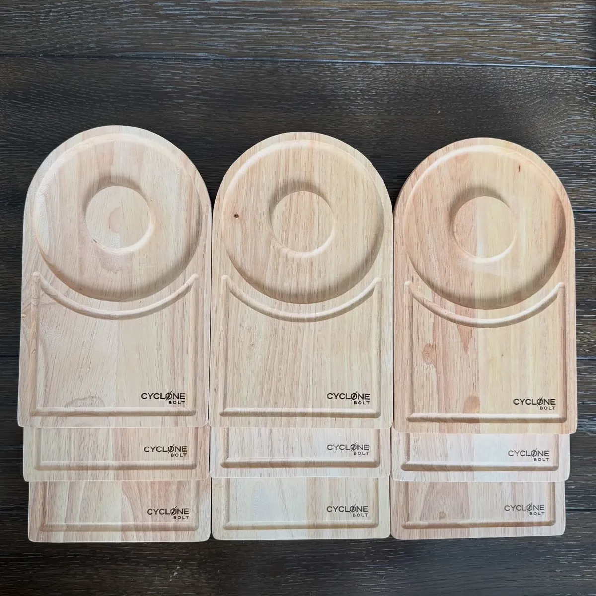 Cyclone Bolt — branded wood trays, corporate bulk laser engraving order