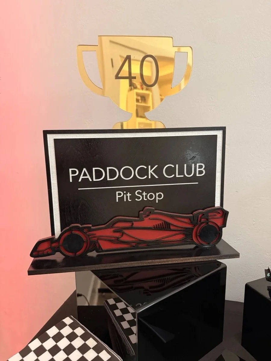 F1 Paddock Club custom acrylic trophy — laser engraved award by Palm Coast Customs, Estero Florida