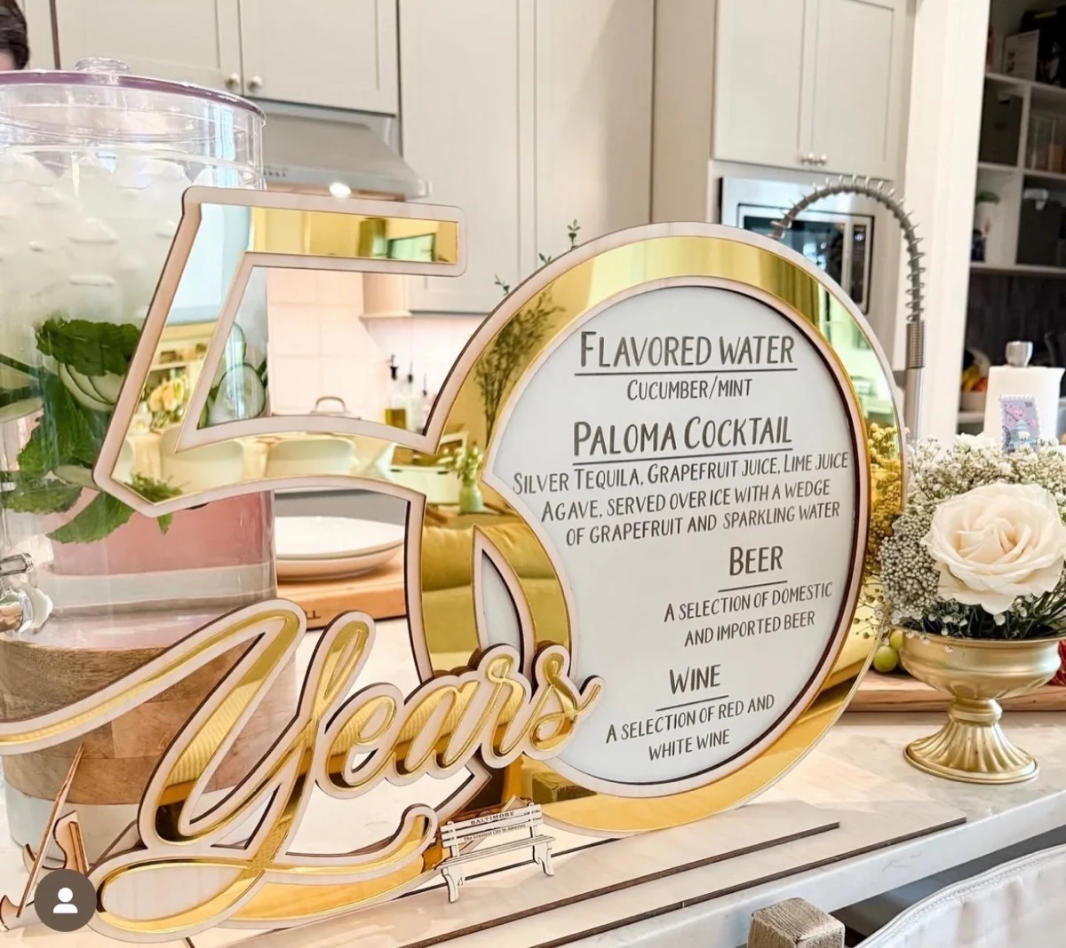 Gold mirror 50th anniversary event menu sign — custom laser engraved acrylic milestone keepsake