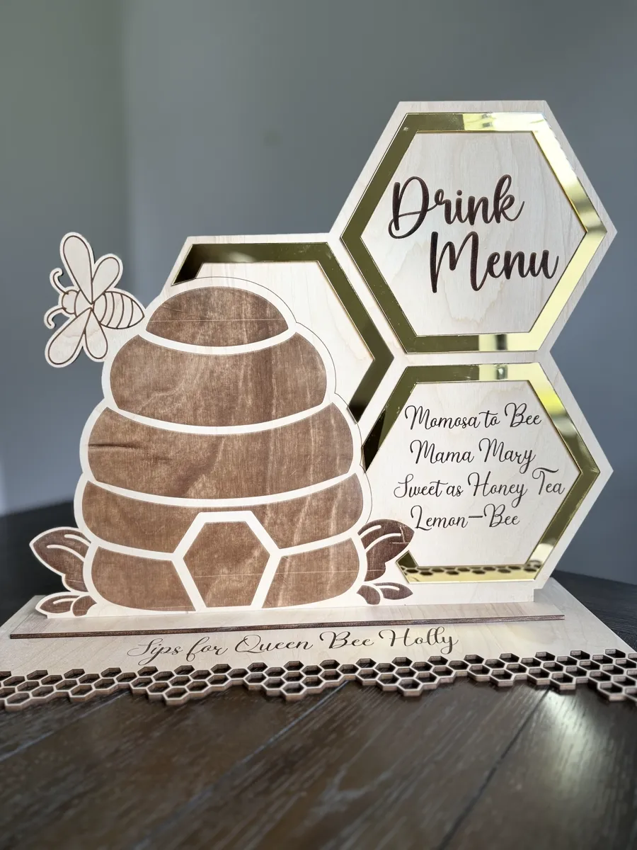 Honeybee themed drink menu sign — wood and gold acrylic, custom event engraving