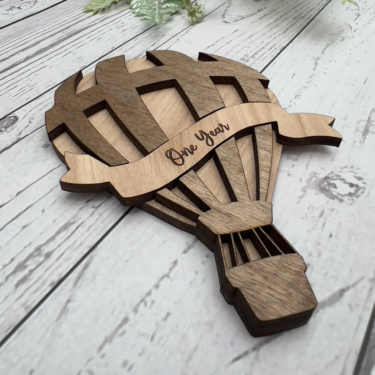 Laser cut hot air balloon One Year baby milestone keepsake — custom wood gift, Estero Florida