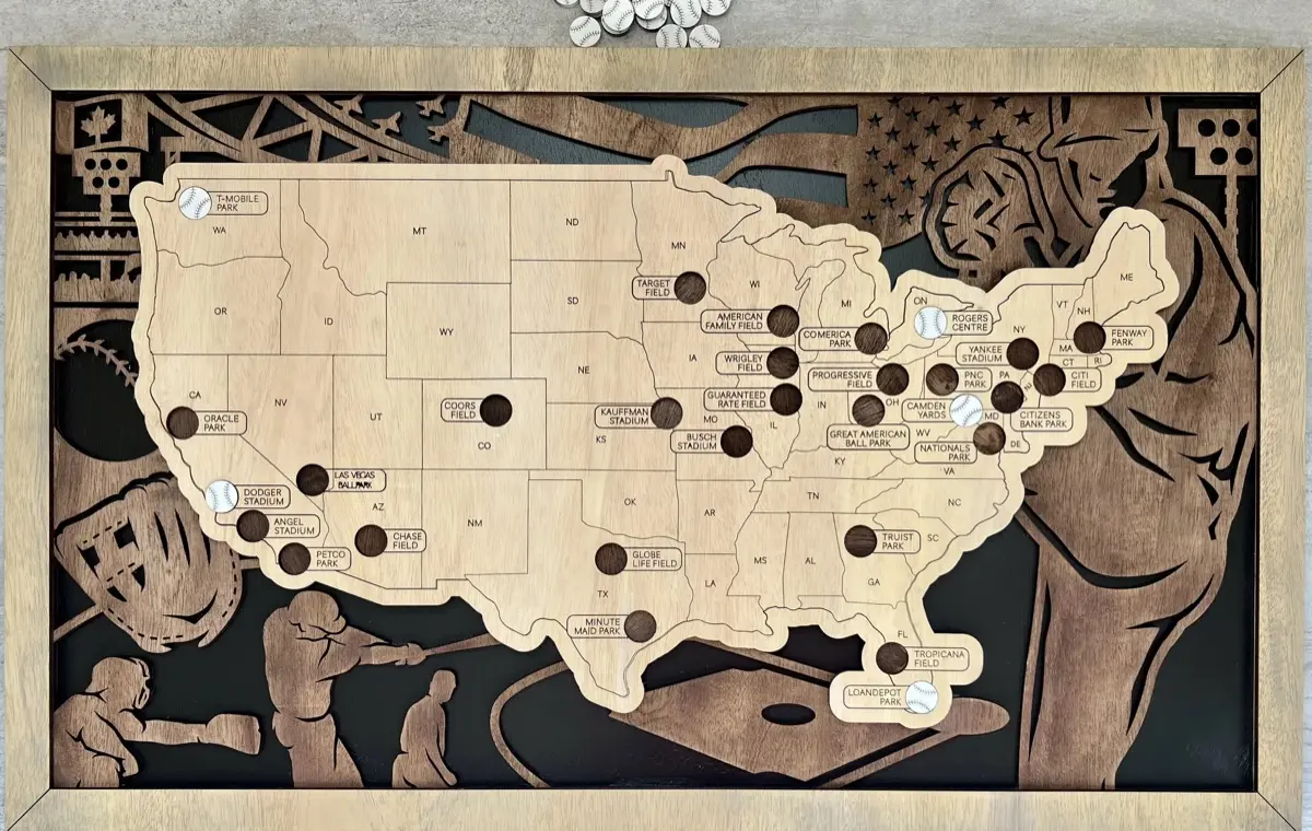 MLB baseball stadiums USA map — laser cut layered wood wall art, custom home décor, Estero Florida