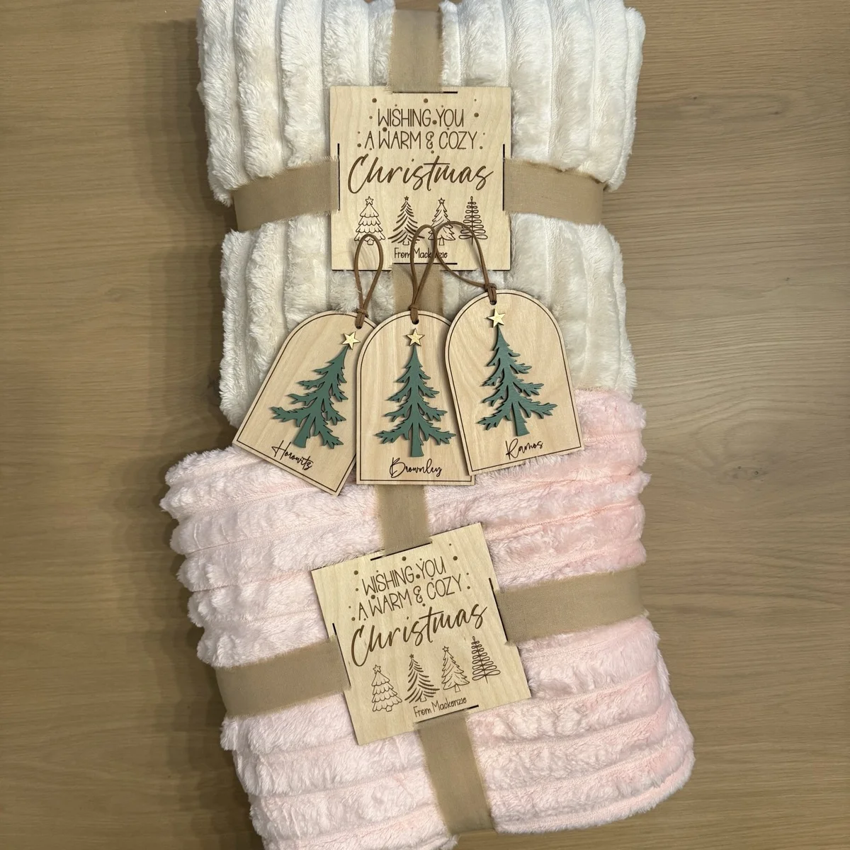Personalized holiday gift blanket tags — custom laser engraved wood gift tags, bulk corporate order Southwest Florida
