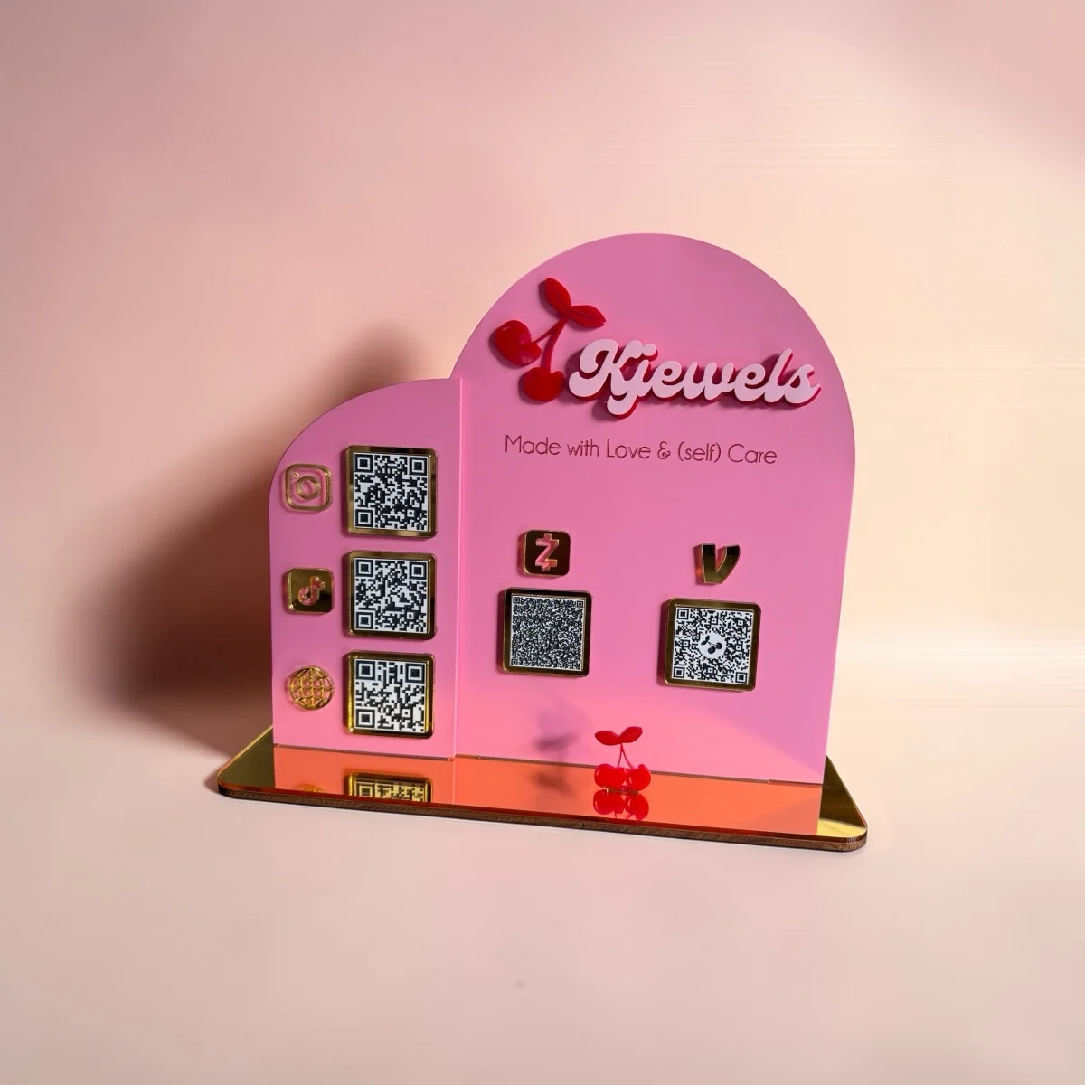 Pink acrylic social media QR code sign — custom laser engraved business display by Palm Coast Customs