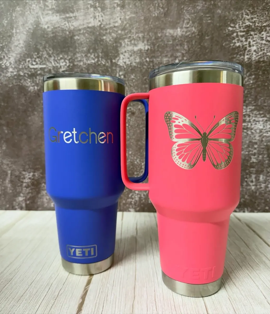 Custom laser engraved YETI tumblers — personalized name and design, Palm Coast Customs