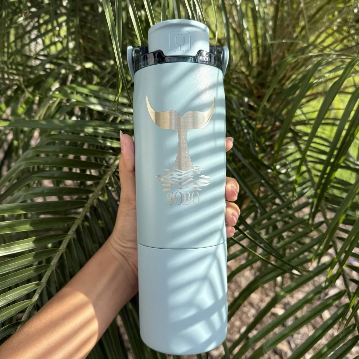 SOBO — custom laser engraved whale tail tumbler, branded drinkware by Palm Coast Customs, Estero Florida