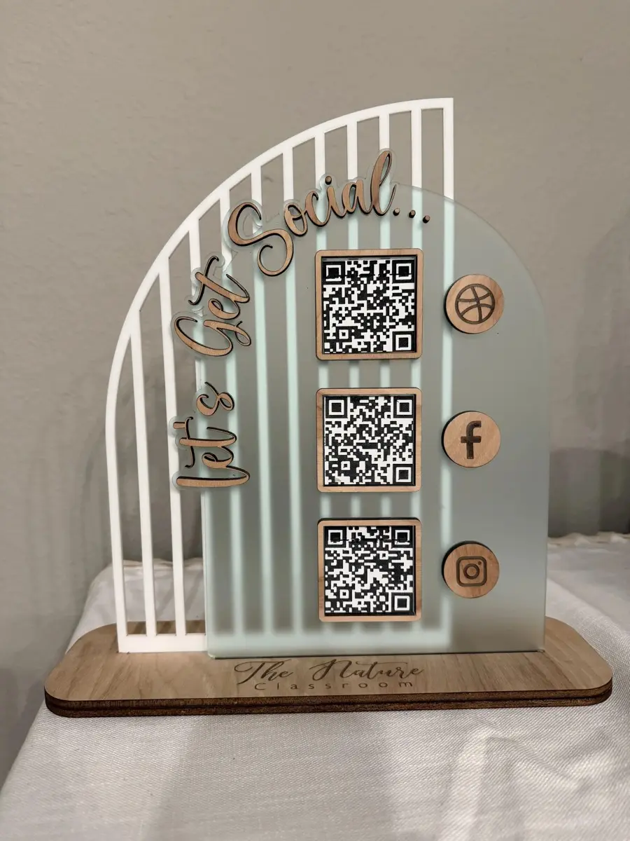 Custom social media QR code display stand — acrylic and wood business sign, Fort Myers Florida