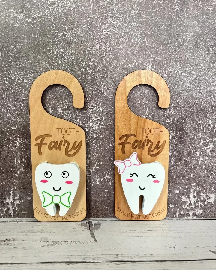 Tooth Fairy door hangers — laser cut wood boy and girl set, personalized keepsake gift, Estero Florida