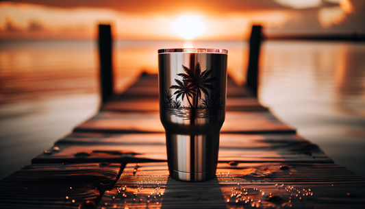 A stainless steel tumbler with an engraved palm tree design sits on a wooden dock overlooking a Florida beach at sunset, with condensation beading on its surface.