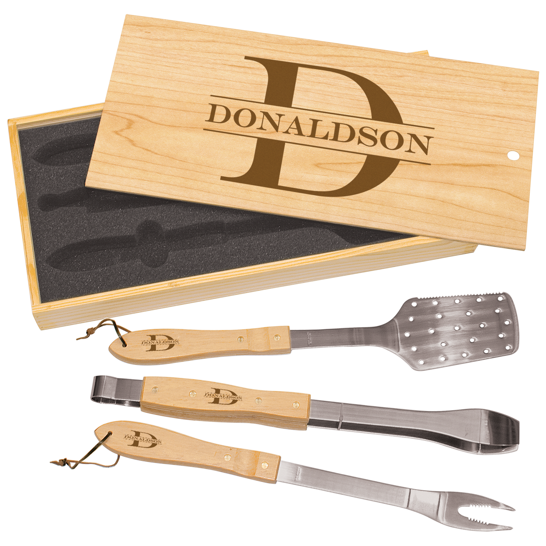 Personalized Three piece BBQ set in Pine Box