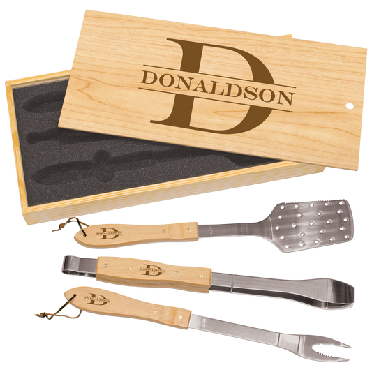 Personalized Three piece BBQ set in Pine Box